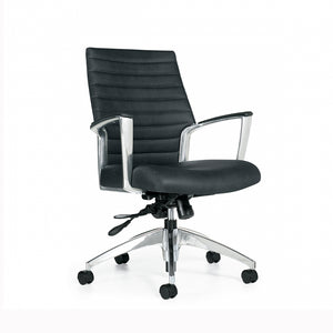 Global Office Furniture - Accord conference chair - modern design - aluminum armrests and base - pleated backrest - black leather - computer chair for offices and conference rooms - chicagoofficechair.com - Corporate buyers and small businesses Naperville to Niles and from Barrington to Berwyn, Chicago office furniture buyers like the Global Accord Chair - chicagoofficechair.com