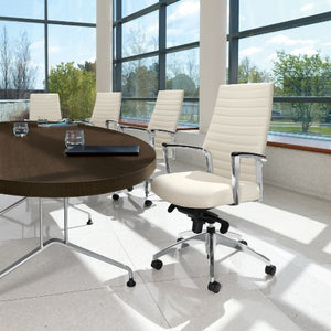 Global office furniture - Accord conference chair - white leather with polished aluminum arms and base - modern conference table - windows - designer office space - chicagoofficechair.com