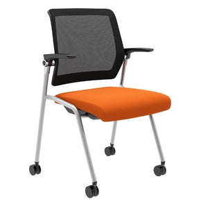 beniia office furniture Artii mobile nesting chair mesh backrest flip-up seat and flip-up armrests, casters, silver frame with orange cushion modern design training room chair Multi-purpose nestable and stackable chair - ChicagoOfficeChair.com www.beniia.com/arti