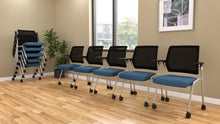 Load image into Gallery viewer, beniia office furniture Arti Multi-purpose mobile nesting chair with blue seat cushion black mesh silver frame stack of 5 and row of 5 chairs hardwood floors modern design beniia.com/artii ChicagoOfficeChair.com