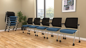 beniia office furniture Arti Multi-purpose mobile nesting chair with blue seat cushion black mesh silver frame stack of 5 and row of 5 chairs hardwood floors modern design beniia.com/artii ChicagoOfficeChair.com