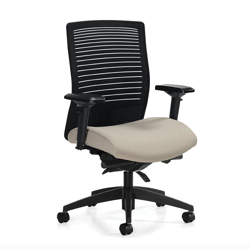 Global Total Office - Loover task chair - black mesh - adjustable office chair - beige fabric seat - frt 45 view - chicagoofficechair.com - home office naperville- oakbrook - elmhurst - niles - northbrook - aurora