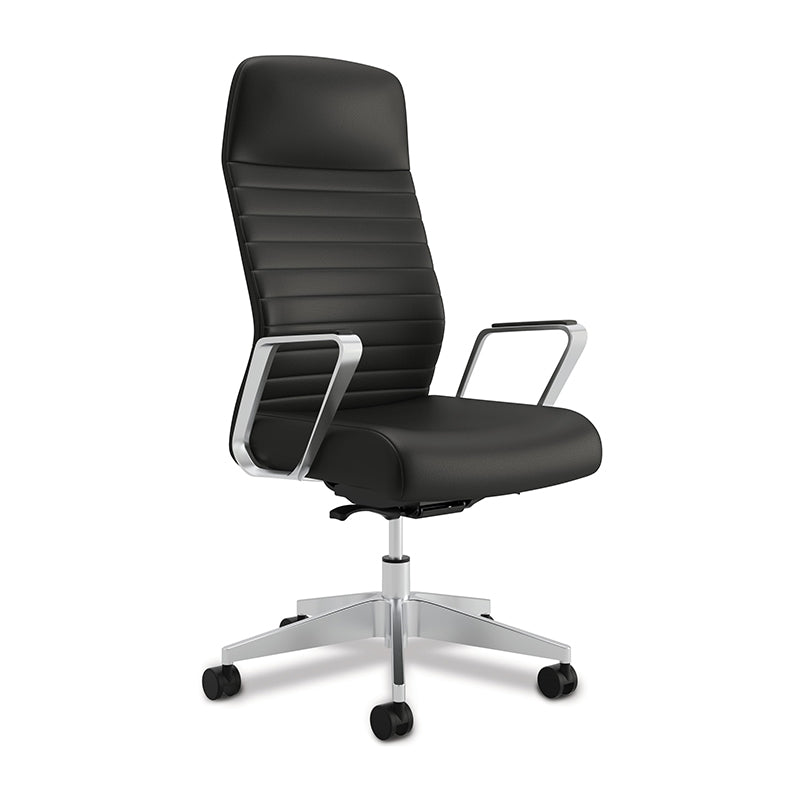 HON office furniture - Merit conference executive office chair - black leather - polished aluminum accents - modern office design - chicago office chair - home office naperville