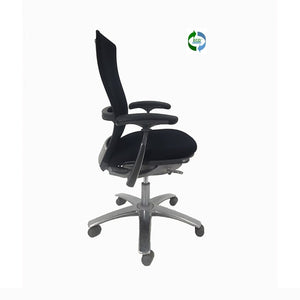 Knoll office chair, Life task seating, designer office chair, classic modern design, side view, black mesh, black fabric, polished aluminum base and accents, ergonomic classic office chair, chicagoofficechair.com