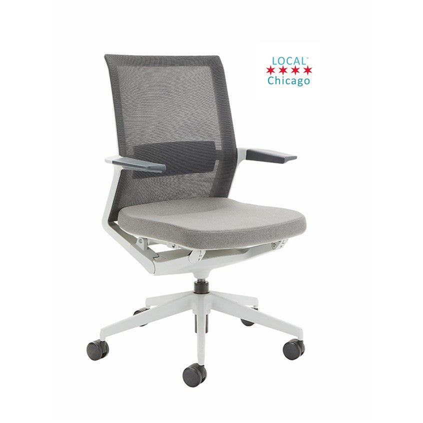 Vello Conference Chair by Beniia Office Furniture - ChicagoOfficeChair.com - gray office chair gray mesh gray fabric cool mesh modern design office chair on casters, local Chicago logo with Chicago Flag stylized into the logo