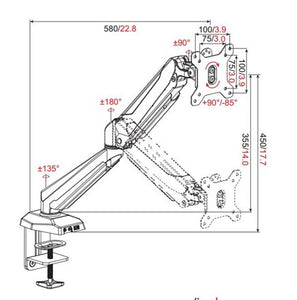 Beniia office furniture - VIO-1 Monitor arm line drawing with dimensions and movement range - beniia.com - chicagoofficechair.com - ergonomic office tools - workplace wellness - safety - chicagoland offices - home office naperville